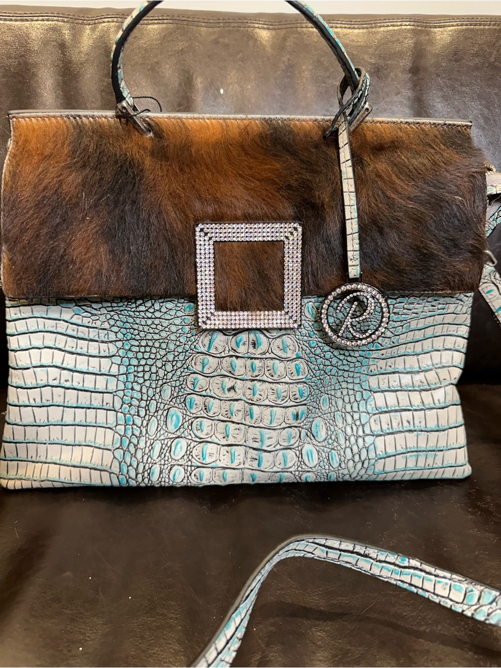Raviani Luxury Turquoise Croc Embossed Leather Cowhide Hair-On Tote Bag NWT